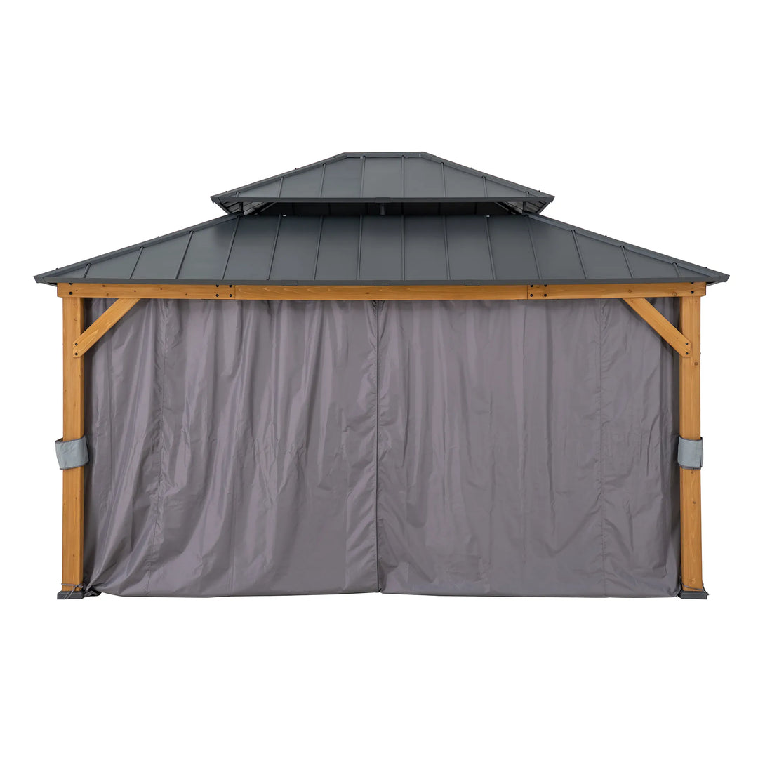 Garden gazebo with a gray roof and wooden frame on a white background