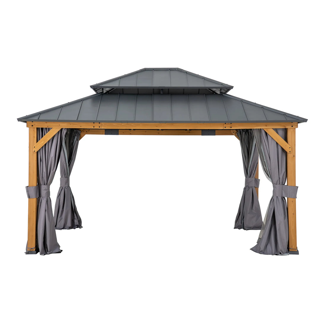Garden gazebo with a double roof design and gray curtains on a white background