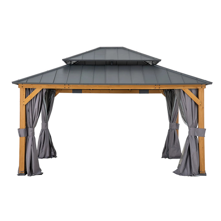 Garden gazebo with a double roof design and gray curtains on a white background