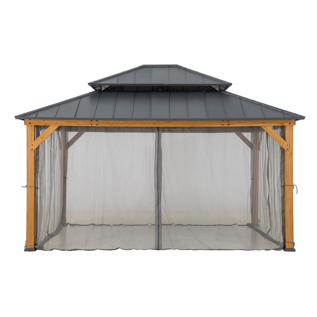 Garden gazebo with mesh screen on a white background