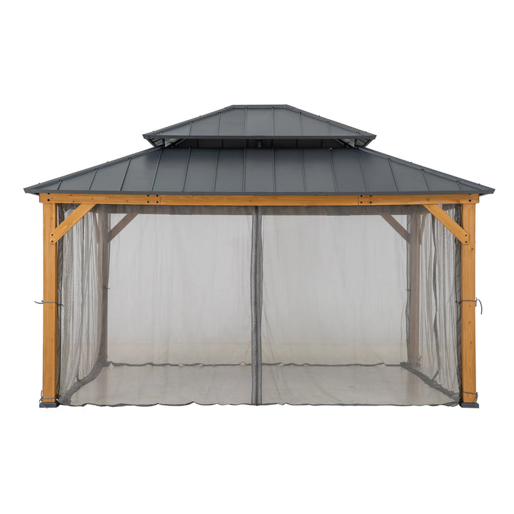 Garden gazebo with mesh screen on a white background