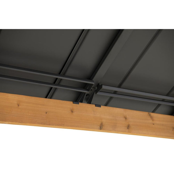 Ceiling with dark gray panels and a wooden beam on a white background