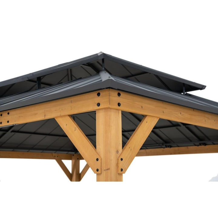 Wooden pergola structure with a metal roof on a white background