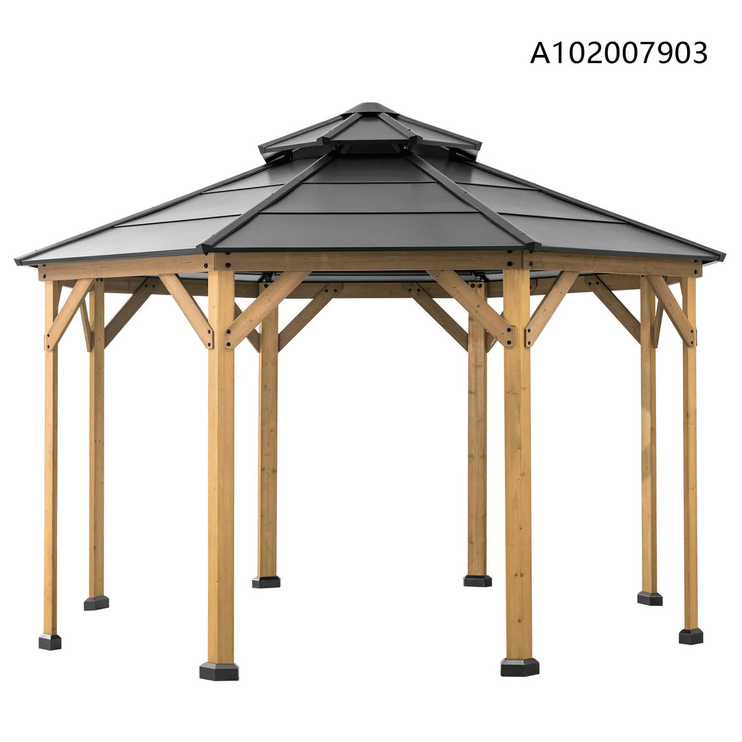 Wooden gazebo with a gray roof on a white background