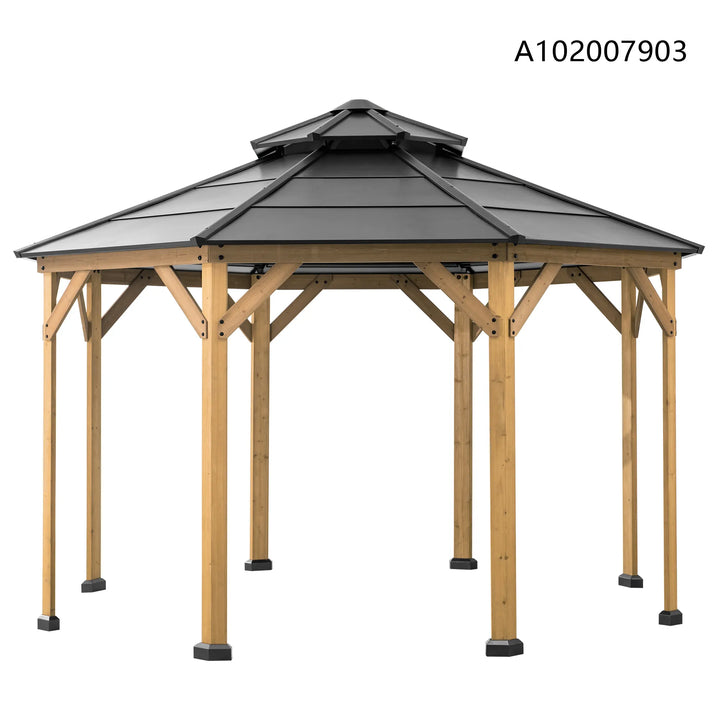Wooden gazebo with a gray roof on a white background