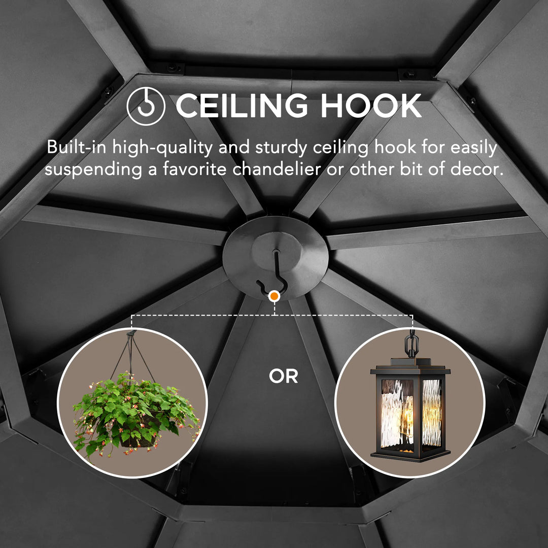 Ceiling hook feature with chandelier and hanging plant illustration on a ceiling.