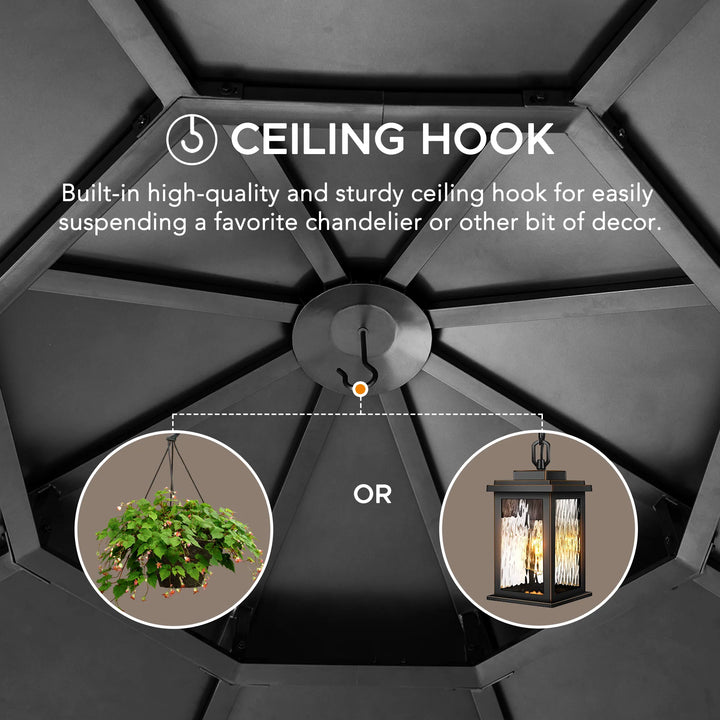 Ceiling hook feature with chandelier and hanging plant illustration on a ceiling.