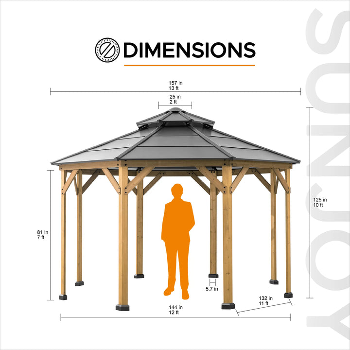Dimensions of a wooden gazebo with a person silhouette for scale on a white background.