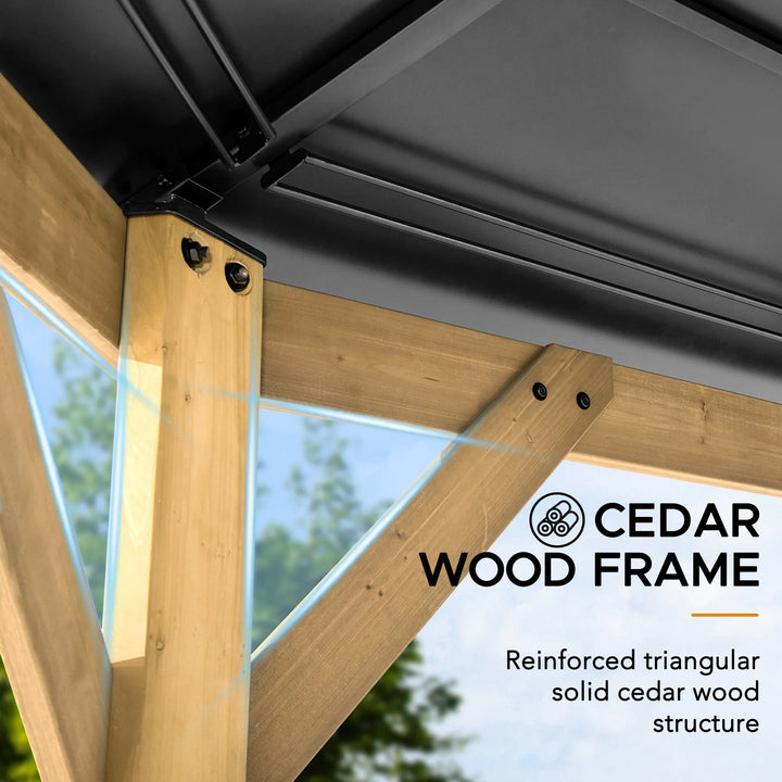 Cedar wood frame structure with transparent panels and 'Cedar Wood Frame' branding.