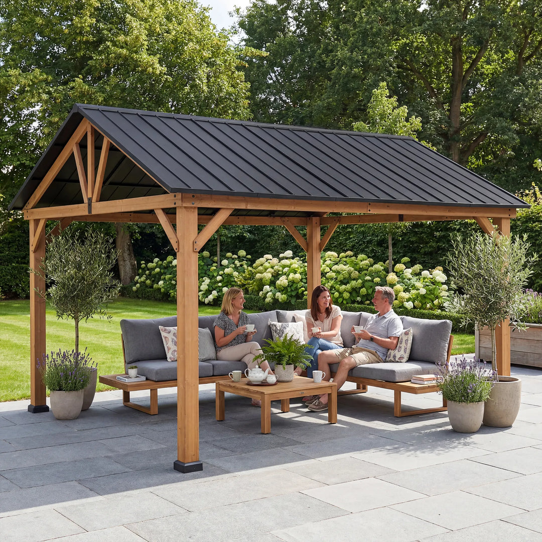 SUNJOY 3.99m x 3.35m Wooden Frame Cedar Gazebo