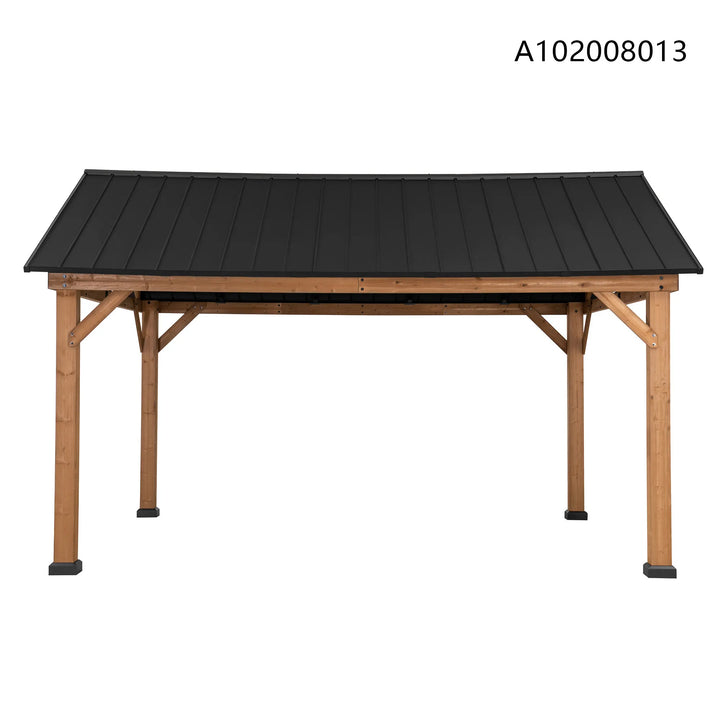 Wooden structure with a black roof on a white background