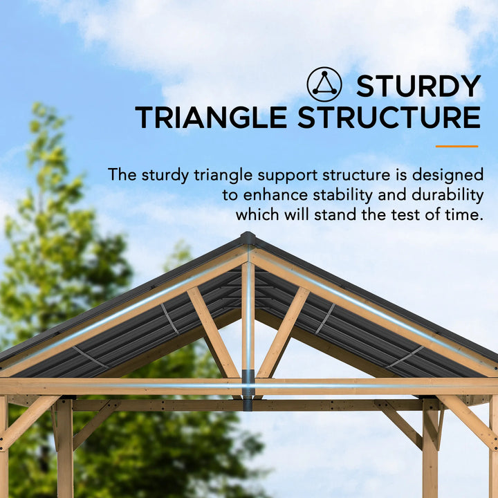 Wooden gazebo with a sturdy triangle support structure against a blue sky.
