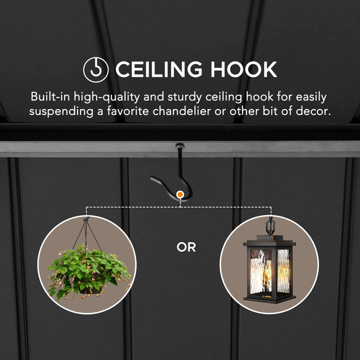 Ceiling hook with illustrations of hanging plants and lanterns on a black background.
