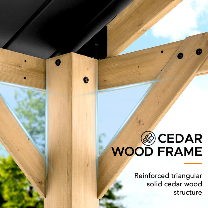 Reinforced triangular solid cedar wood frame with 'Cedar Wood Frame' branding.