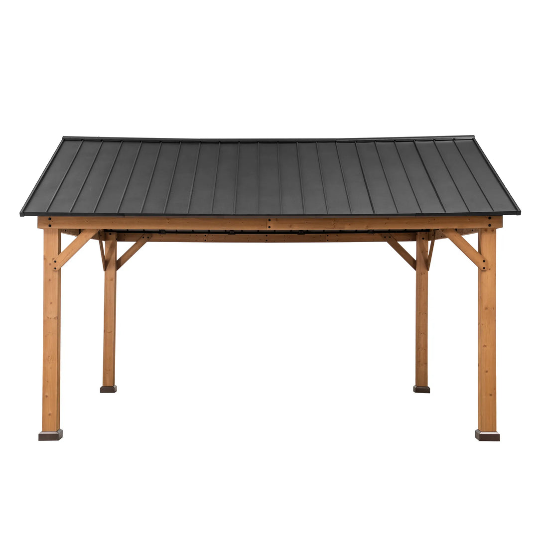 Wooden outdoor table with a black metal top on a white background