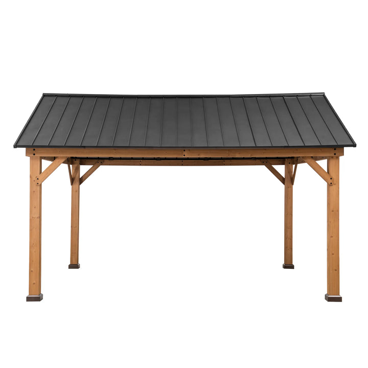 Wooden outdoor table with a black metal top on a white background