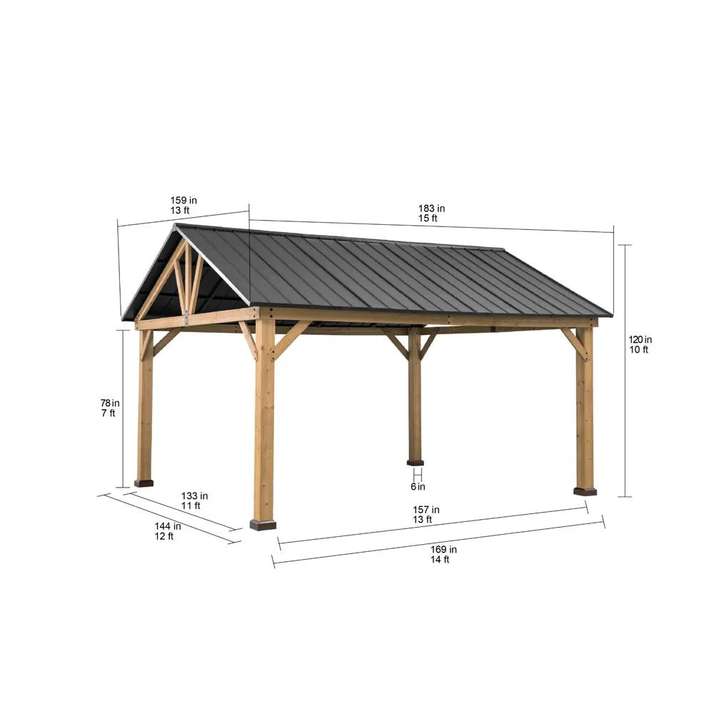 Dimensions of a wooden gazebo with a black roof on a white background