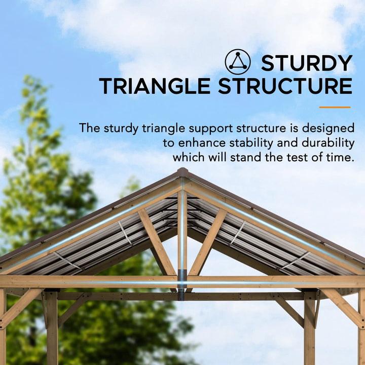 Wooden gazebo with a clear blue sky and trees in the background, featuring text about a sturdy triangle support structure.