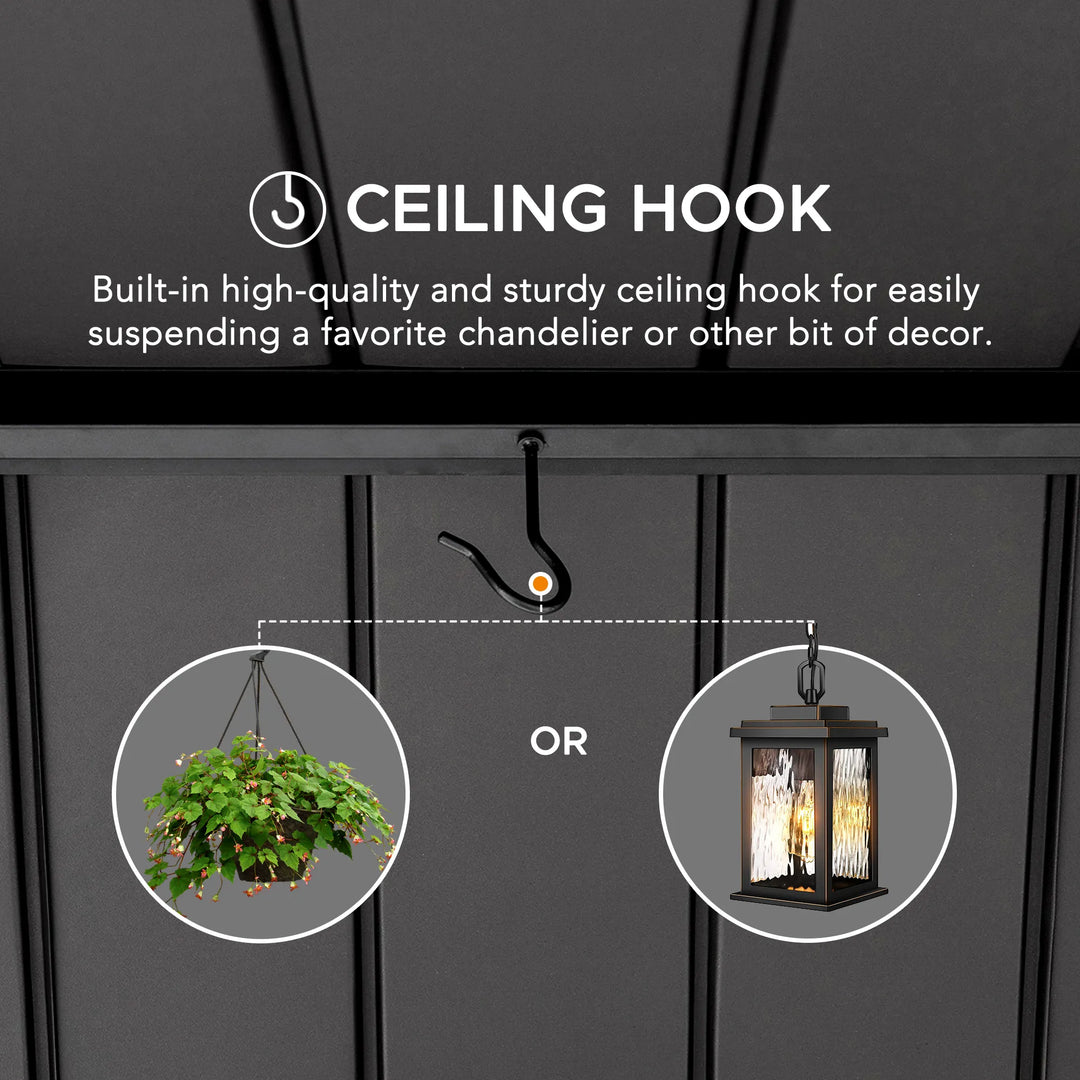Ceiling hook with examples of hanging a plant and lantern on a dark background