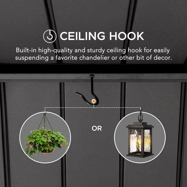 Ceiling hook with examples of hanging a plant and lantern on a dark background