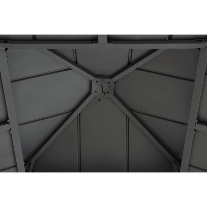 Dark gray metal roof structure on a white background