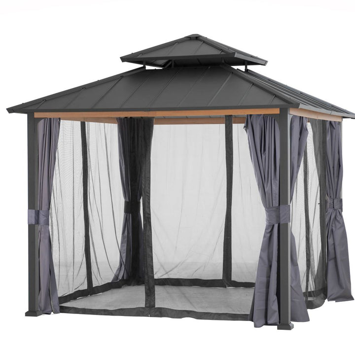 Outdoor gazebo with curtains and netting on a white background