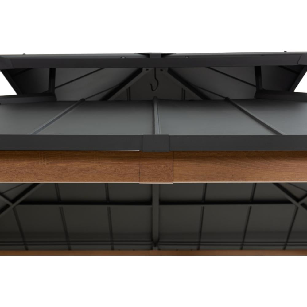 Metal shelving unit with wooden shelves on a white background