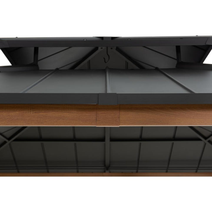 Metal shelving unit with wooden shelves on a white background