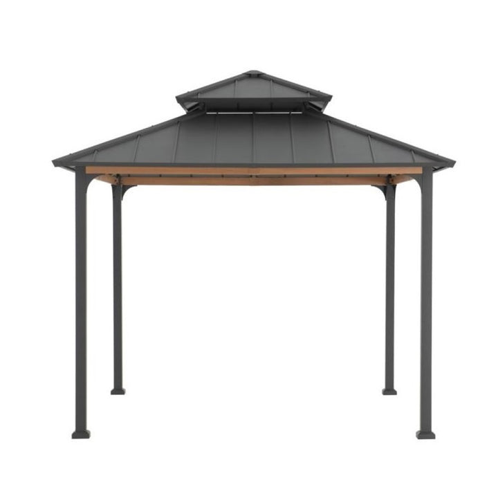 Hexagonal gazebo with a dark roof and wooden floor on a white background