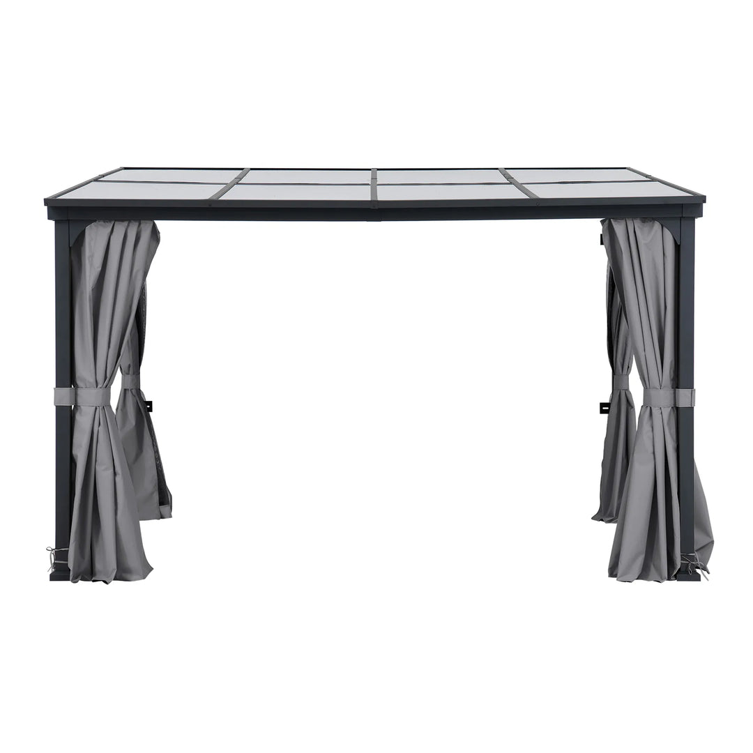 Outdoor gazebo with glass top and gray curtains on a white background