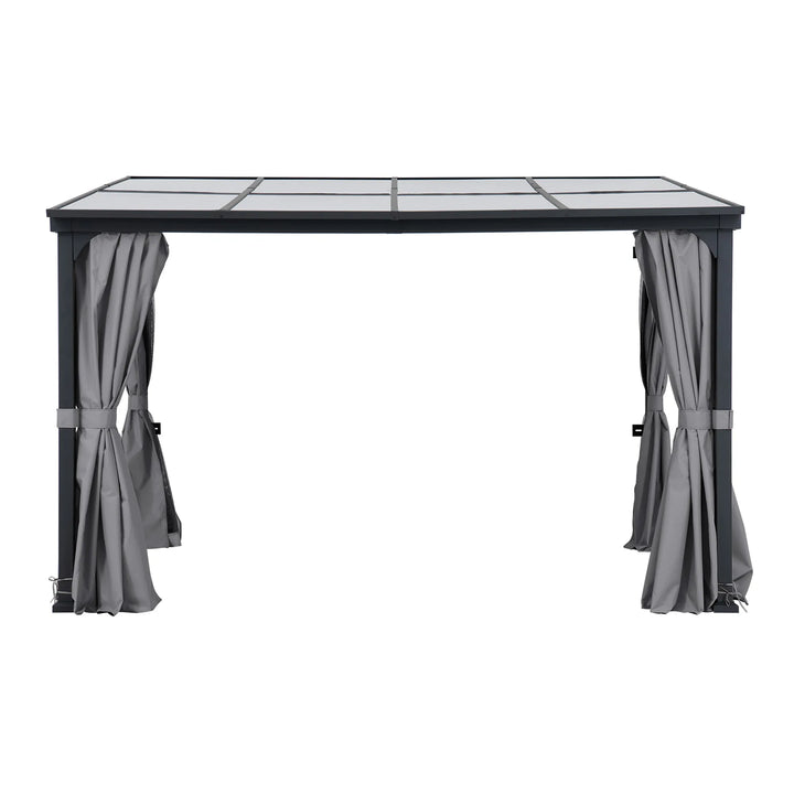 Outdoor gazebo with glass top and gray curtains on a white background