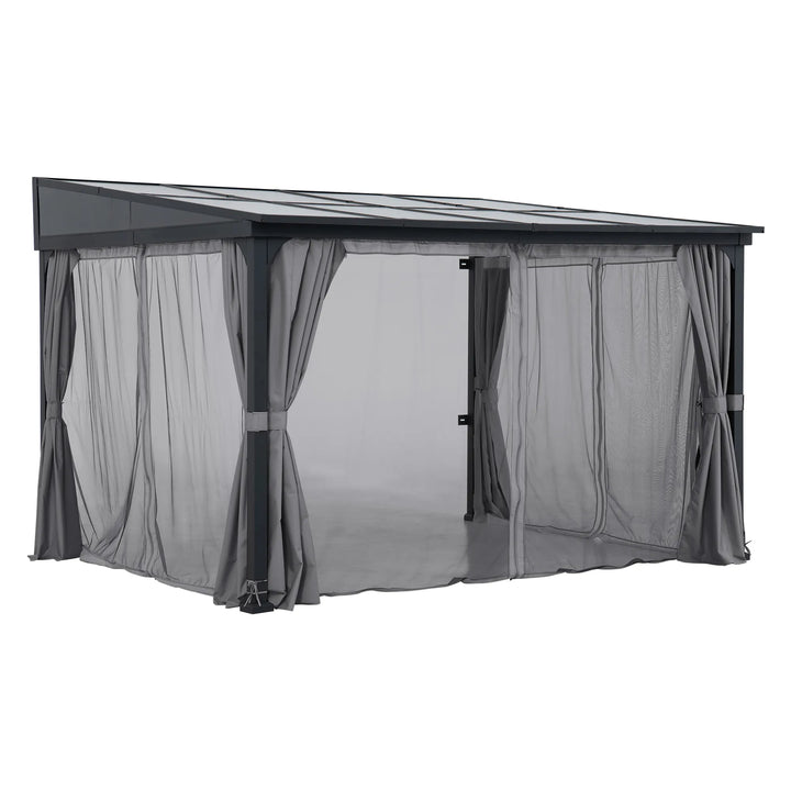 Outdoor gazebo with mosquito netting on a white background