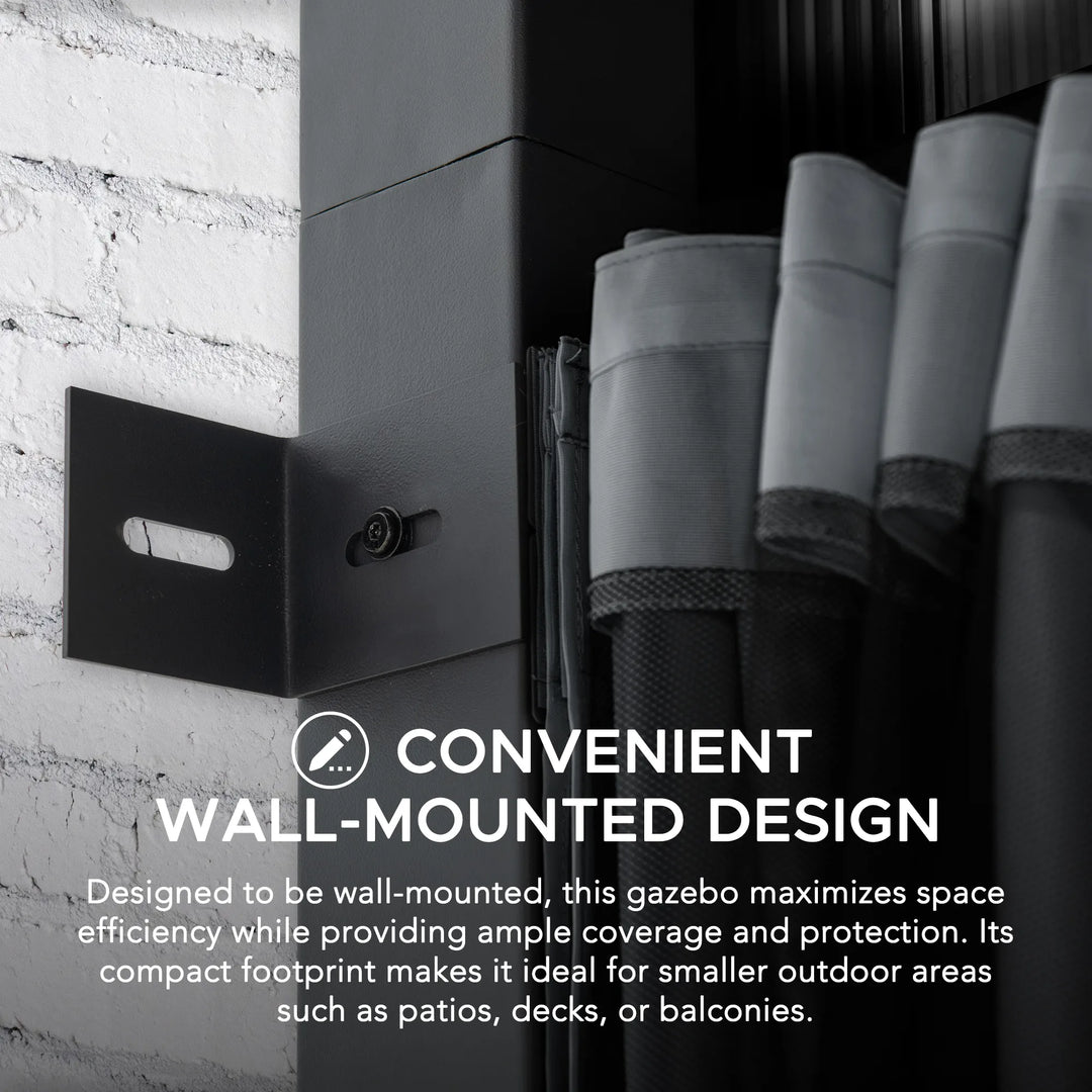 Wall-mounted gazebo with text highlighting convenience and space efficiency