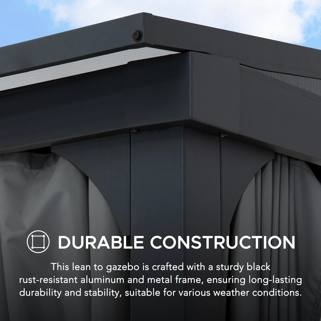 Corner of a black lean-to gazebo with durable construction text overlay