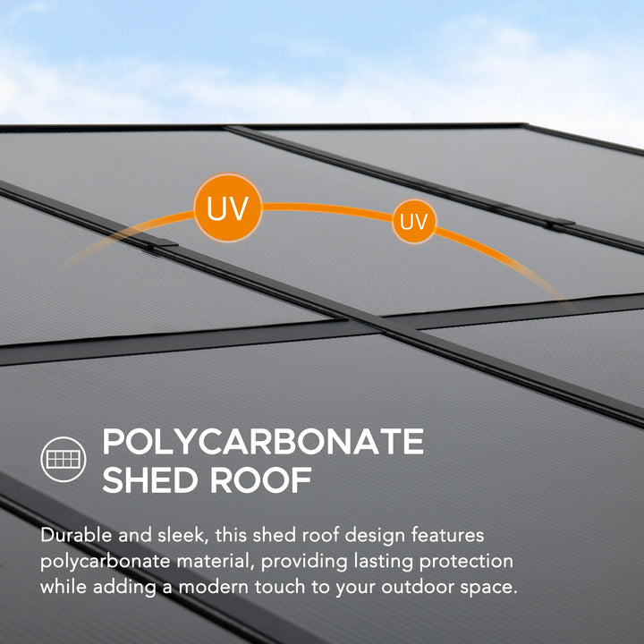 Polycarbonate shed roof with UV protection diagram and text about durability and modern design.