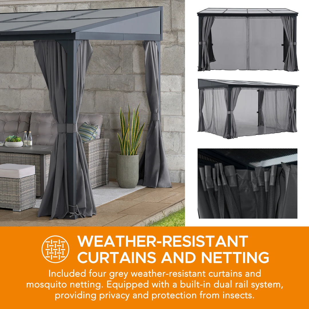 Outdoor gazebo with weather-resistant curtains and mosquito netting against a stone wall.