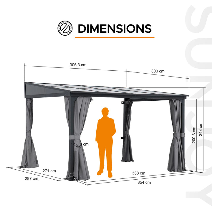 Dimensions of a gazebo with a person silhouette for scale on a white background