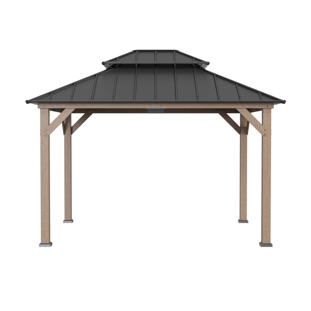 Wooden gazebo with a black roof on a white background