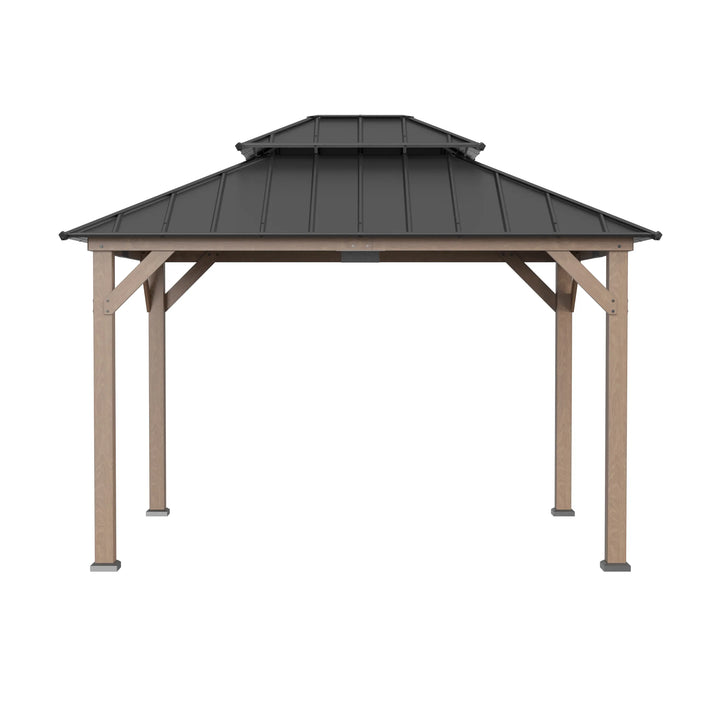 Wooden gazebo with a black roof on a white background