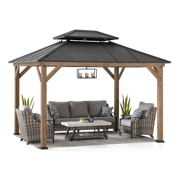 Wooden gazebo with a black roof, surrounded by outdoor furniture on a white background