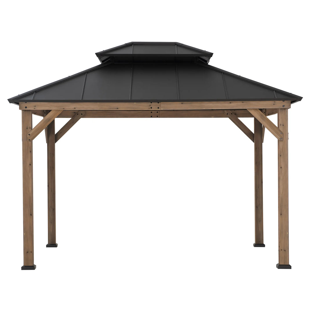 Wooden gazebo with a black roof on a white background