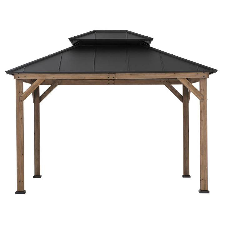 Wooden gazebo with a black roof on a white background