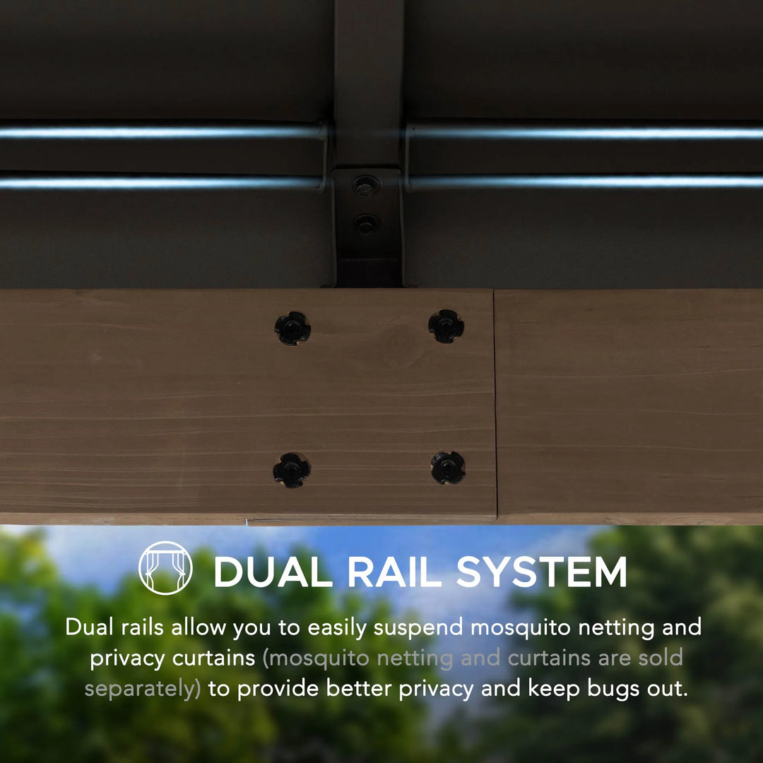 Dual rail system for mosquito netting and privacy curtains with text explaining its use.