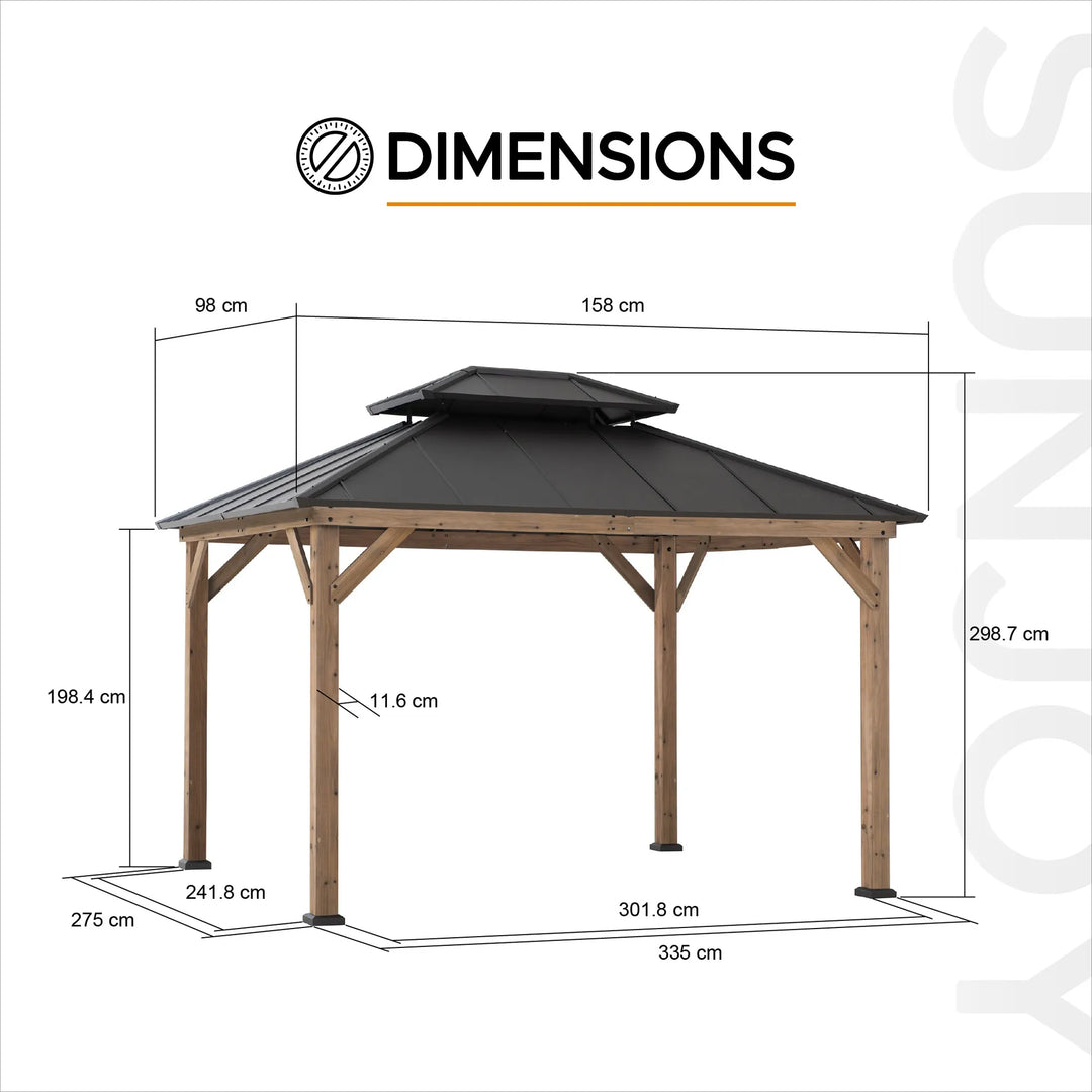 Dimensions of a wooden gazebo with a black roof on a white background
