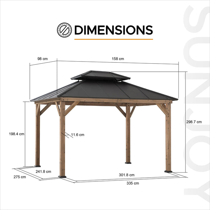 Dimensions of a wooden gazebo with a black roof on a white background