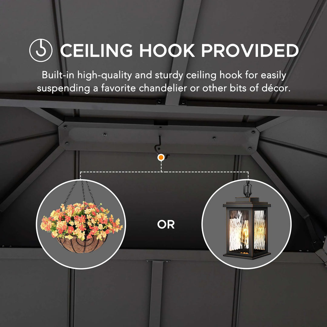 Ceiling hook provided feature with decorative items hanging from it on a dark roof.