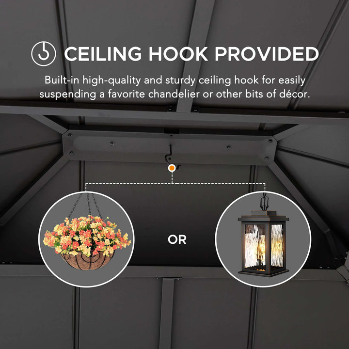 Ceiling hook provided feature with decorative items hanging from it on a dark roof.