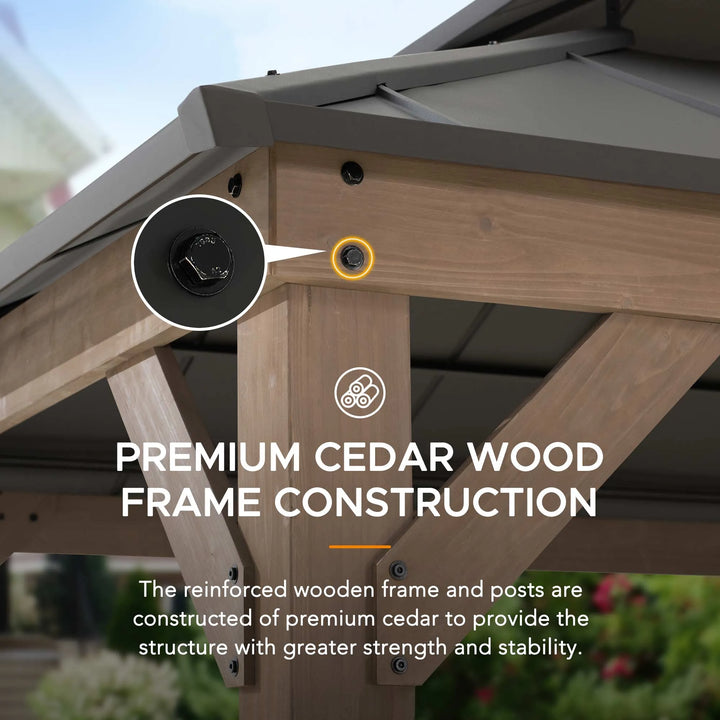 Wooden pergola structure with premium cedar wood frame construction, highlighting reinforced wooden frame and posts.
