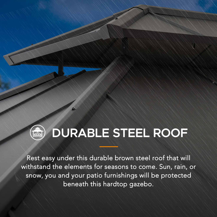 Durable steel roof of a hardtop gazebo with text highlighting its durability.