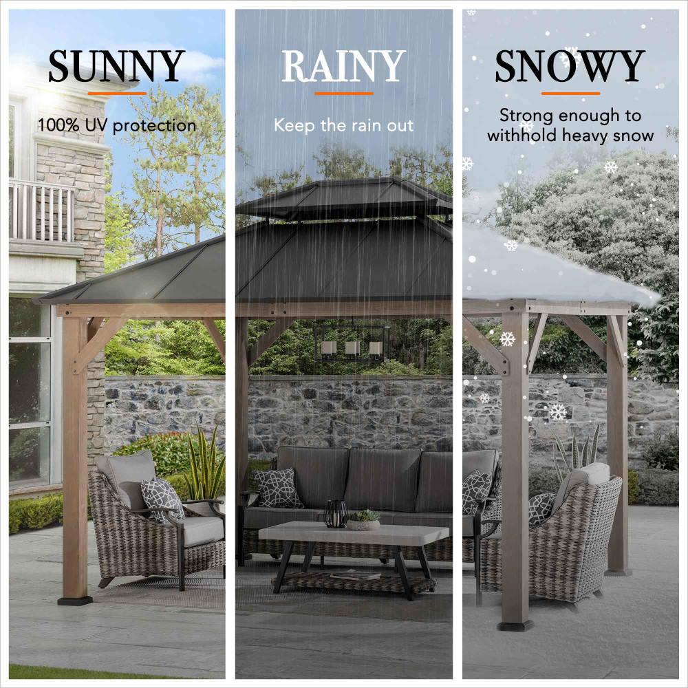 Gazebo with text on UV protection, rain, and snow conditions.